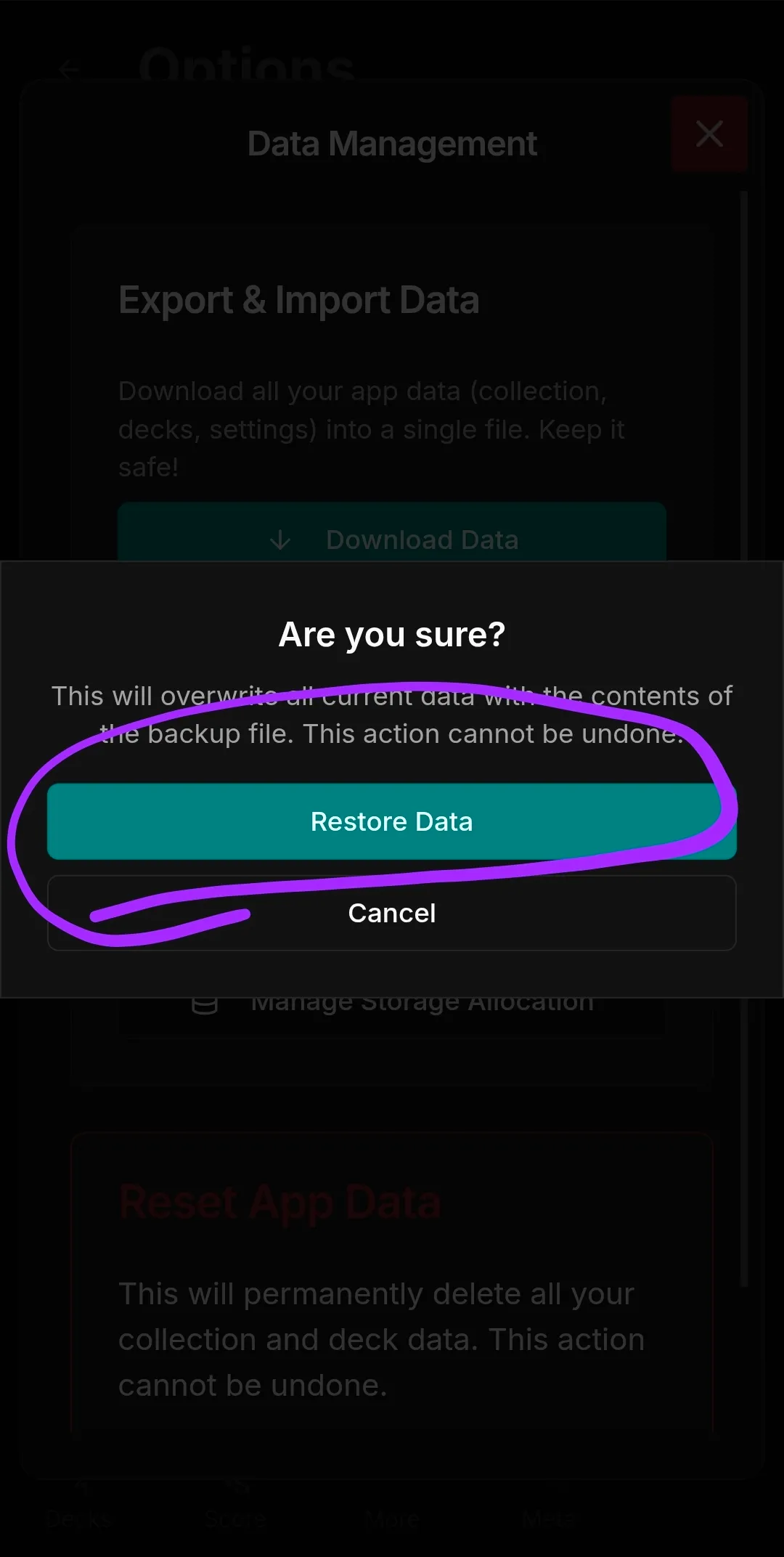 Restore Data Confirmation